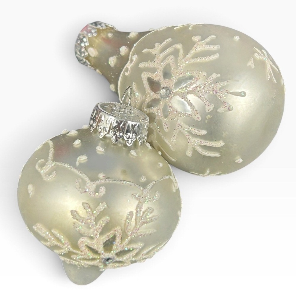G&D Glass Christmas Ornaments Set of 2 Frosted Champagne Snowflake Glitter